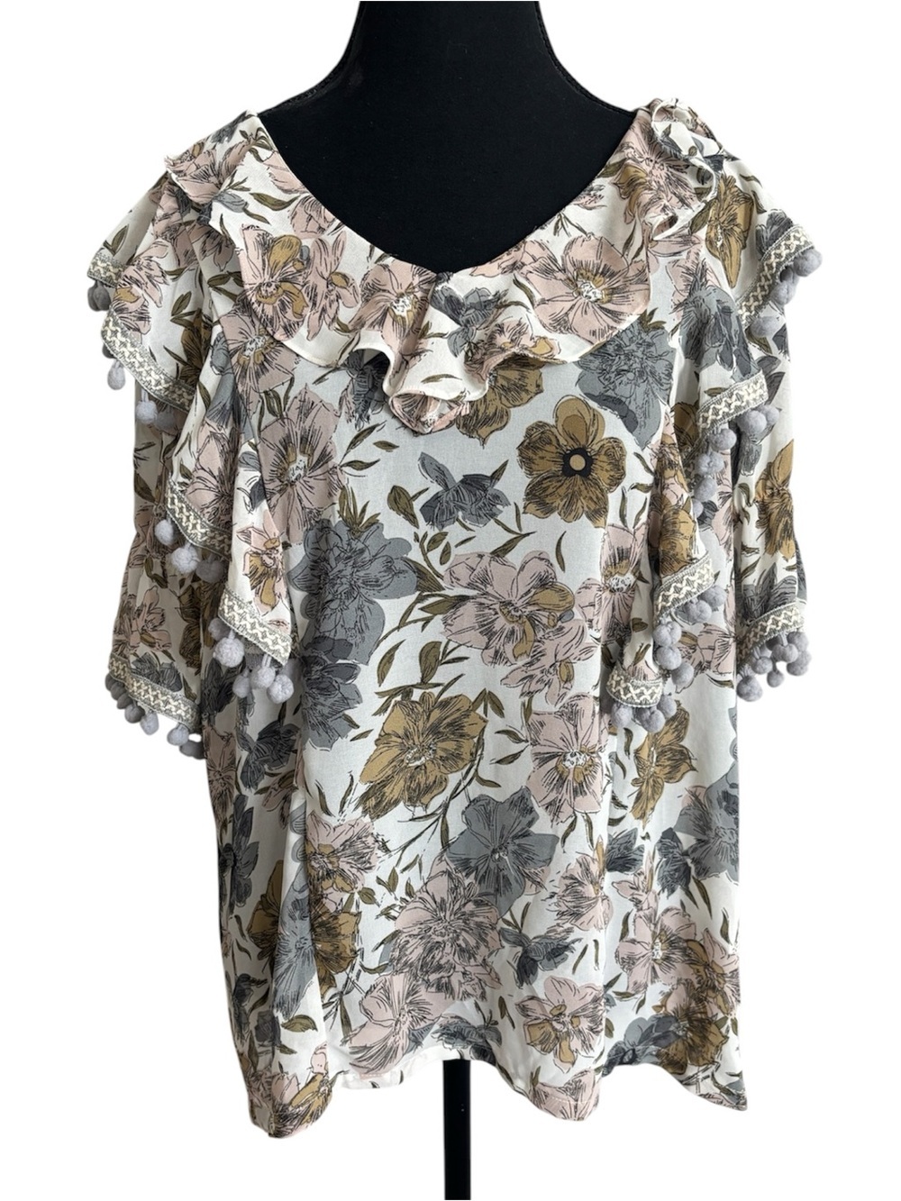 Allison New York Anthropologie Floral Ruffle Pom Pom V-Neck Blouse
